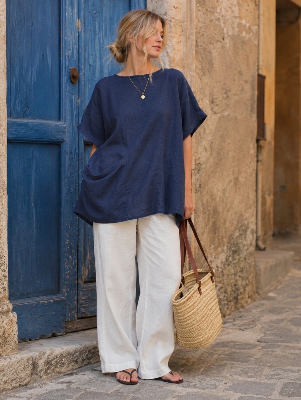 Elizabeth Suzann Harper Blue Navy Linen Oversized Linen Tunic Os